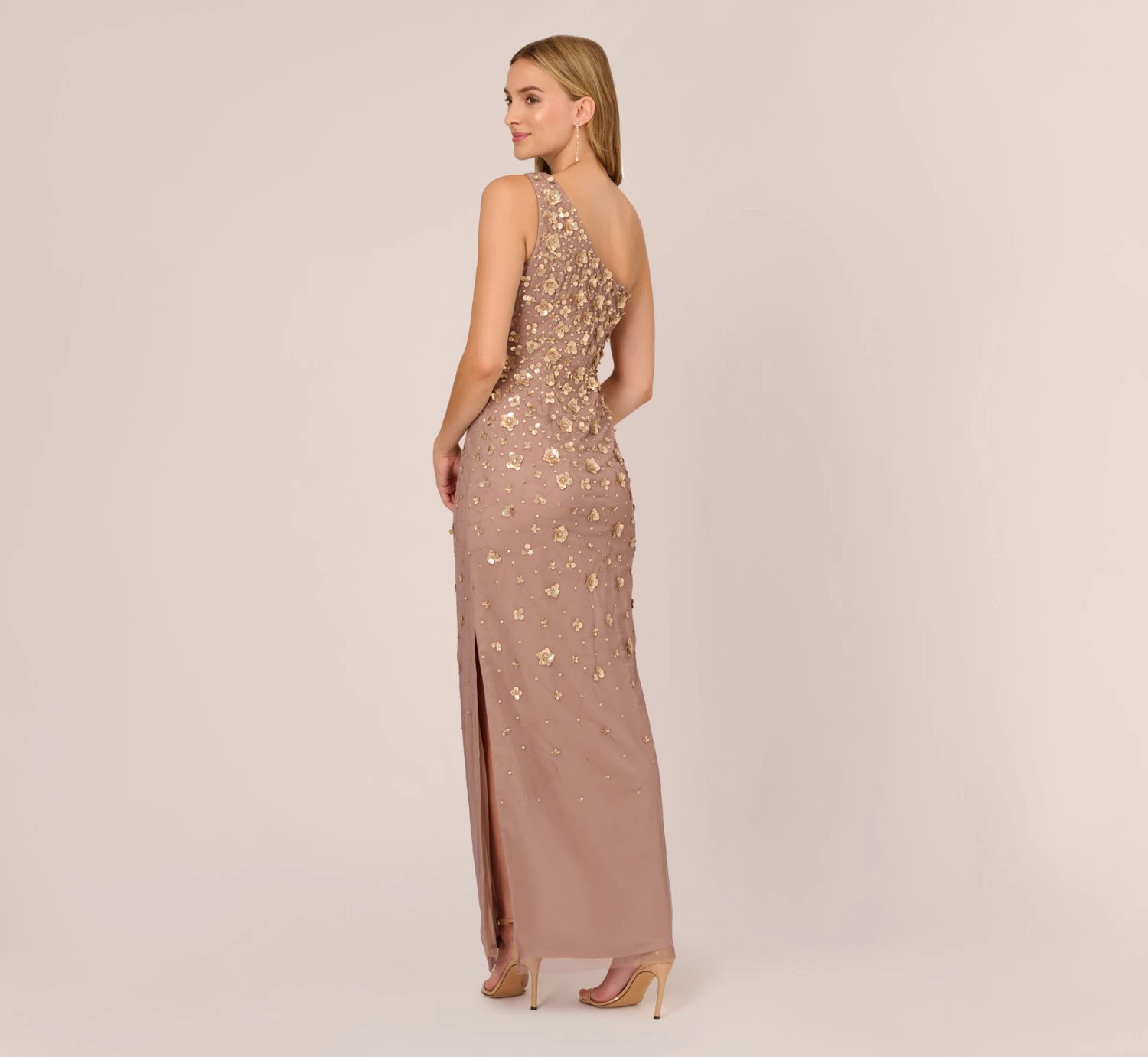 Adrianna Papell 3D Floral Hand-Beaded One-Shoulder Long Column Gown In Stone 5 Adrianna Papell 3D Floral Hand-Beaded One-Shoulder Long Column Gown In Stone - Image 5