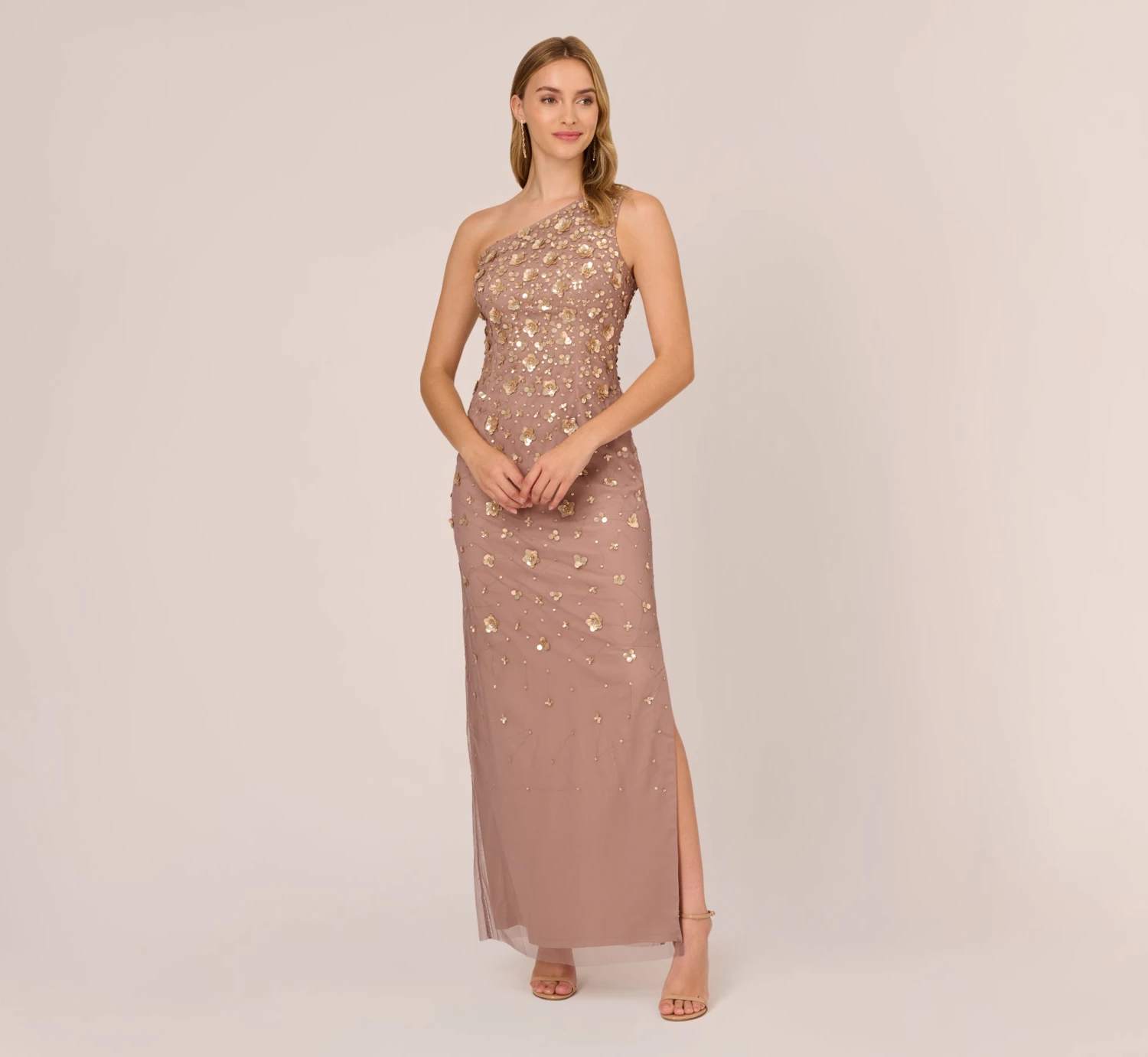 Adrianna Papell 3D Floral Hand-Beaded One-Shoulder Long Column Gown In Stone 1 Adrianna Papell 3D Floral Hand-Beaded One-Shoulder Long Column Gown In Stone