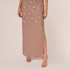 Adrianna Papell 3D Floral Hand-Beaded One-Shoulder Long Column Gown In Stone 9 Adrianna Papell 3D Floral Hand-Beaded One-Shoulder Long Column Gown In Stone -Glam Mirth Sales AP1E209866 AE549 Regular Lifestyle