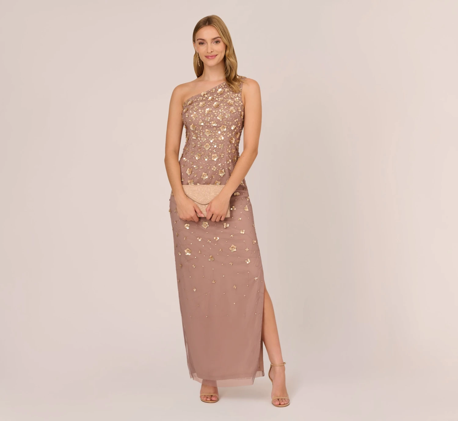Adrianna Papell 3D Floral Hand-Beaded One-Shoulder Long Column Gown In Stone 2 Adrianna Papell 3D Floral Hand-Beaded One-Shoulder Long Column Gown In Stone - Image 2