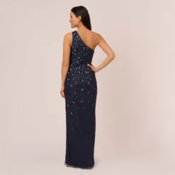 Adrianna Papell 3D Floral Hand-Beaded One-Shoulder Long Column Gown In Dusty Navy 9 Adrianna Papell 3D Floral Hand-Beaded One-Shoulder Long Column Gown In Dusty Navy -Glam Mirth Sales AP1E209866 AK469 Regular Back