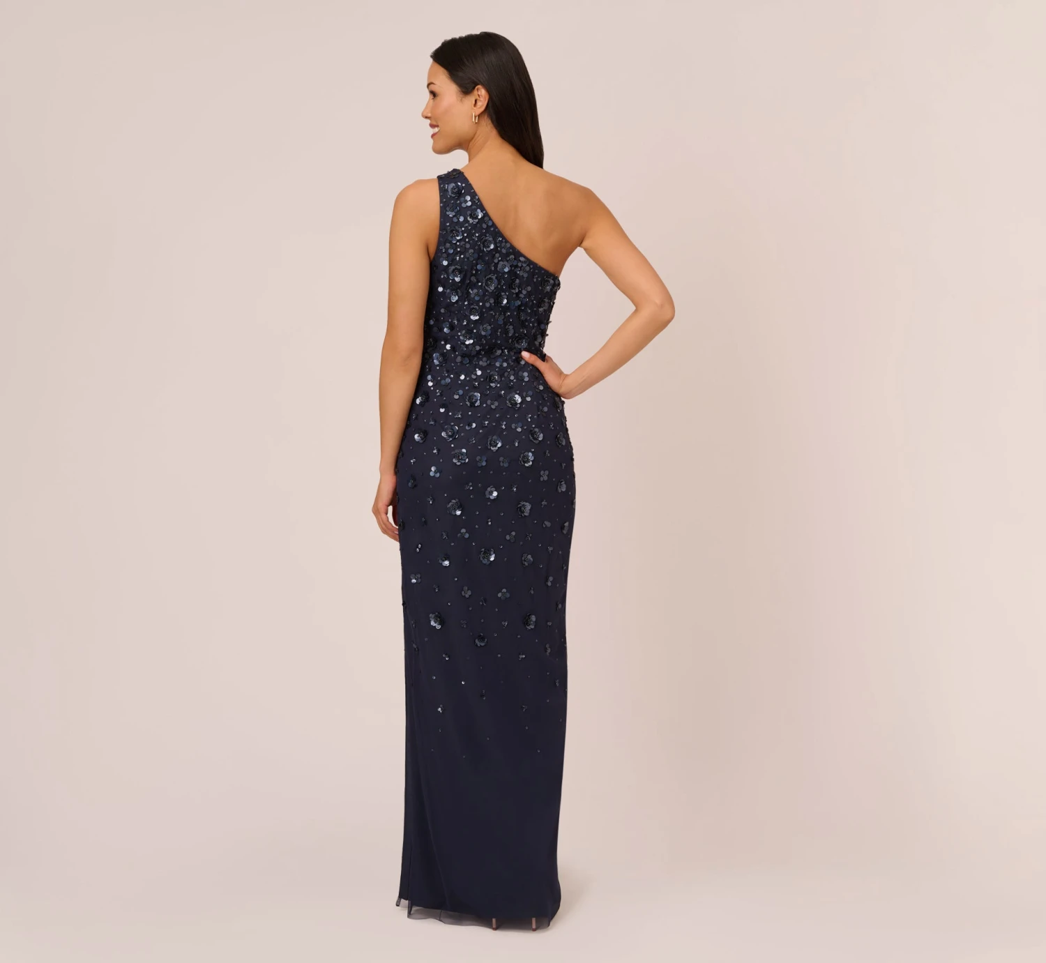 Adrianna Papell 3D Floral Hand-Beaded One-Shoulder Long Column Gown In Dusty Navy 4 Adrianna Papell 3D Floral Hand-Beaded One-Shoulder Long Column Gown In Dusty Navy - Image 4