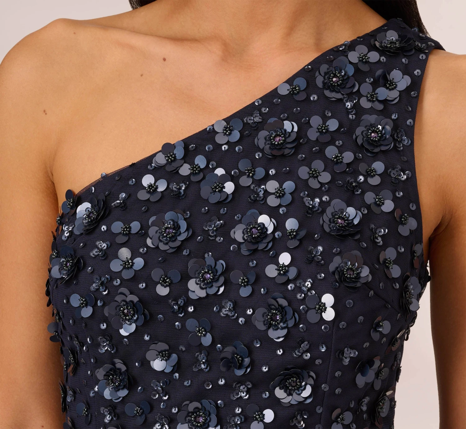 Adrianna Papell 3D Floral Hand-Beaded One-Shoulder Long Column Gown In Dusty Navy 5 Adrianna Papell 3D Floral Hand-Beaded One-Shoulder Long Column Gown In Dusty Navy - Image 5