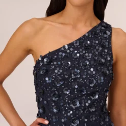 Adrianna Papell 3D Floral Hand-Beaded One-Shoulder Long Column Gown In Dusty Navy 8 Adrianna Papell 3D Floral Hand-Beaded One-Shoulder Long Column Gown In Dusty Navy -Glam Mirth Sales AP1E209866 AK469 Regular Lifestyle