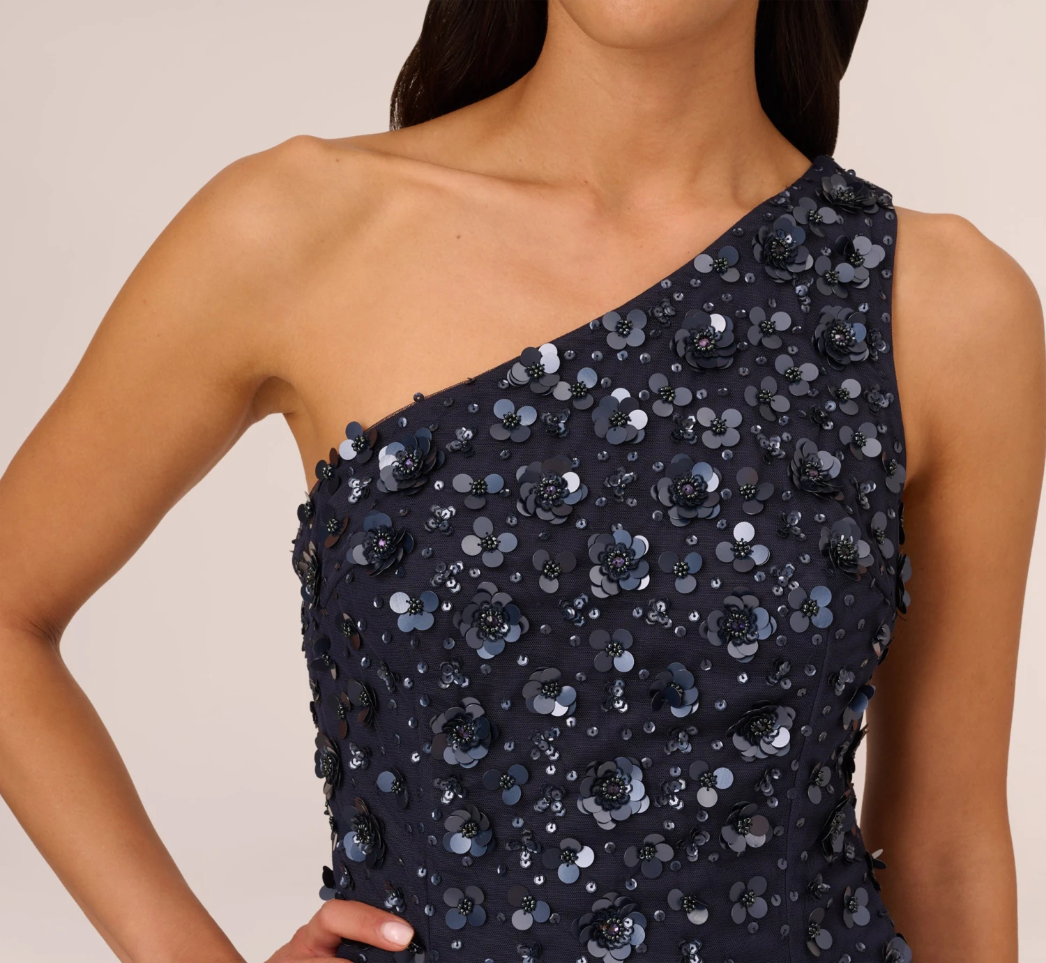 Adrianna Papell 3D Floral Hand-Beaded One-Shoulder Long Column Gown In Dusty Navy 3 Adrianna Papell 3D Floral Hand-Beaded One-Shoulder Long Column Gown In Dusty Navy - Image 3