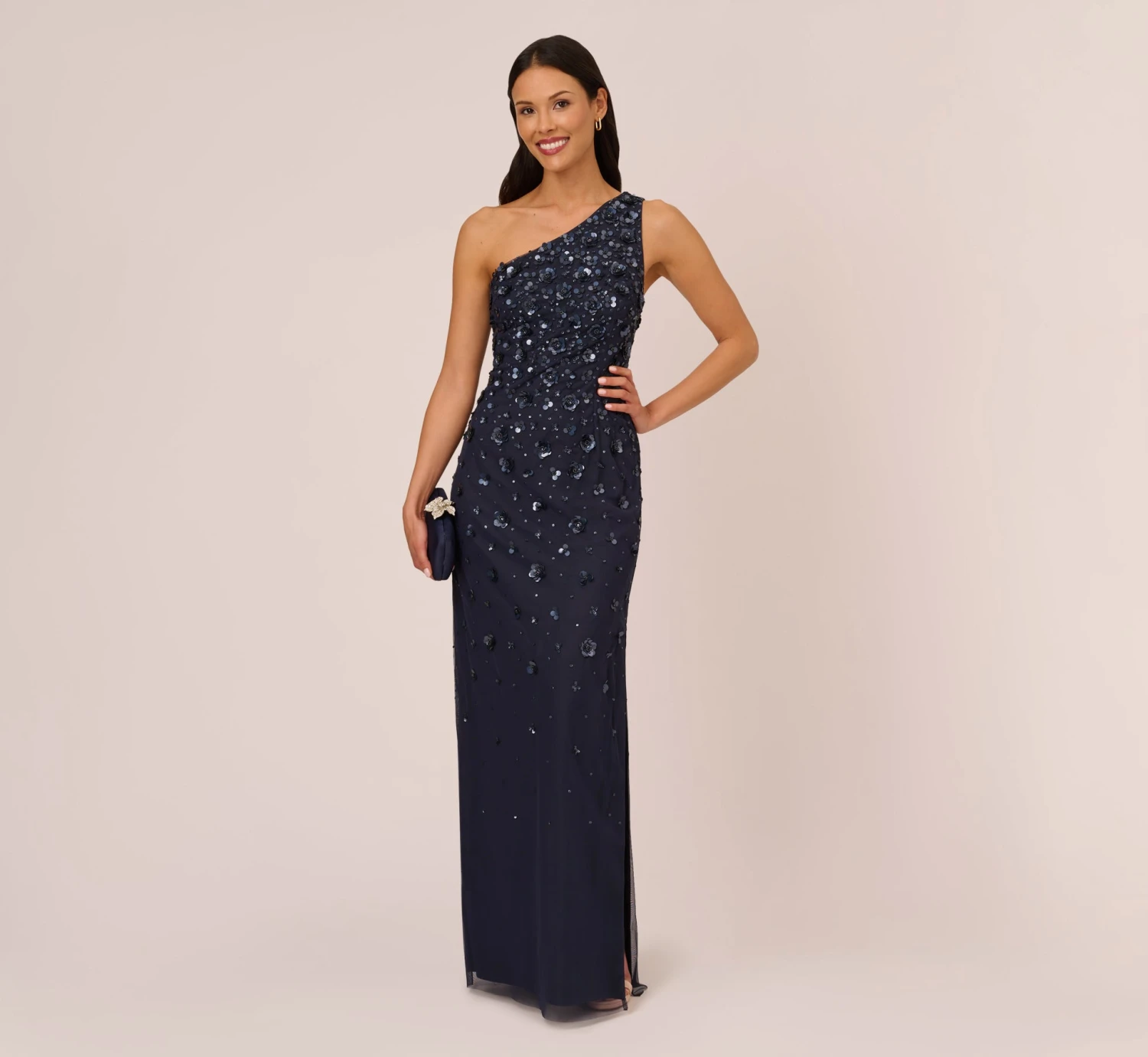 Adrianna Papell 3D Floral Hand-Beaded One-Shoulder Long Column Gown In Dusty Navy 2 Adrianna Papell 3D Floral Hand-Beaded One-Shoulder Long Column Gown In Dusty Navy - Image 2