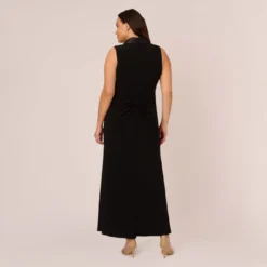 Adrianna Papell Plus Size Matte Jersey Twist Front Tuxedo Long Gown In Black -Glam Mirth Sales AP1E209882 AA002 Plus Back