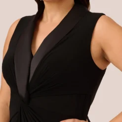 Adrianna Papell Plus Size Matte Jersey Twist Front Tuxedo Long Gown In Black -Glam Mirth Sales AP1E209882 AA002 Plus Lifestyle