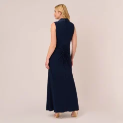 Adrianna Papell Plus Size Matte Jersey Twist Front Tuxedo Long Gown In Midnight 8 Adrianna Papell Plus Size Matte Jersey Twist Front Tuxedo Long Gown In Midnight -Glam Mirth Sales AP1E209882 AB411 Plus Back