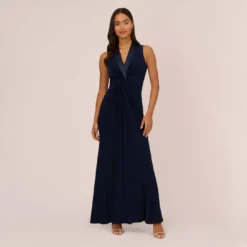 Adrianna Papell Matte Jersey Twist Front Tuxedo Long Gown In Midnight