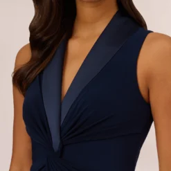 Adrianna Papell Matte Jersey Twist Front Tuxedo Long Gown In Midnight -Glam Mirth Sales AP1E209882 AB411 Regular Detail