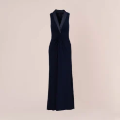 Adrianna Papell Matte Jersey Twist Front Tuxedo Long Gown In Midnight -Glam Mirth Sales AP1E209882 AB411 Regular Flat