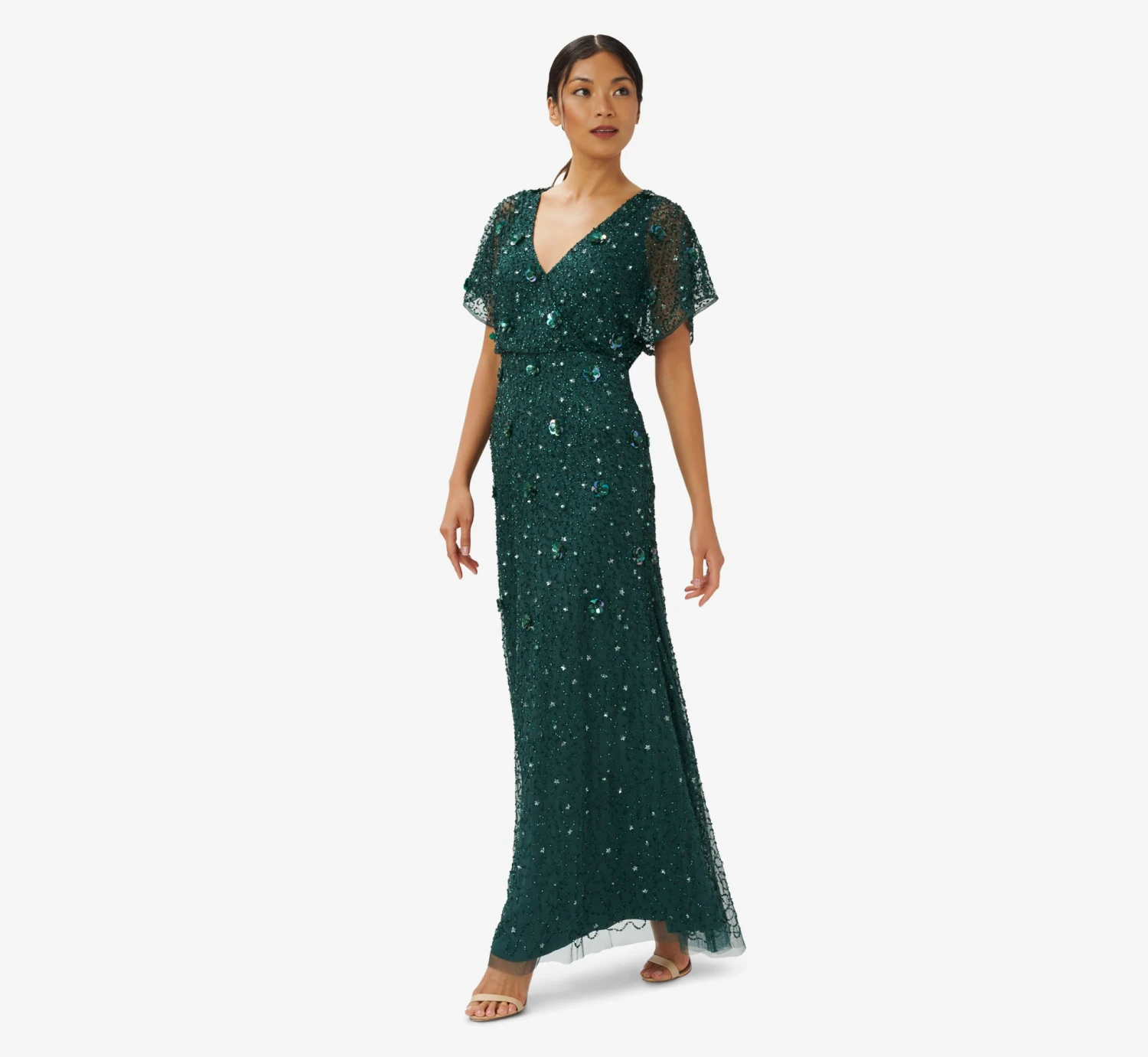 Adrianna Papell Hand-Beaded 3D Floral Blouson Long Gown In Dusty Emerald 3 Adrianna Papell Hand-Beaded 3D Floral Blouson Long Gown In Dusty Emerald - Image 3
