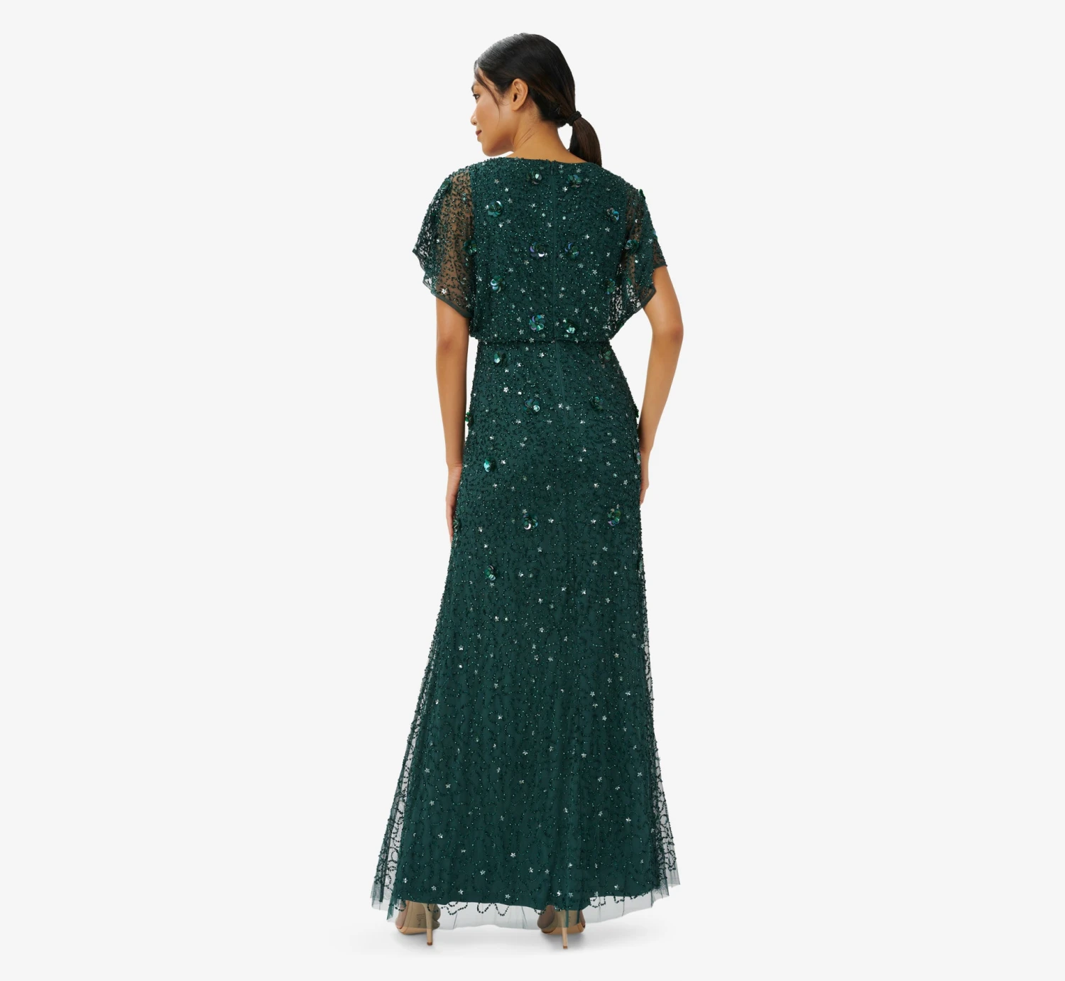 Adrianna Papell Hand-Beaded 3D Floral Blouson Long Gown In Dusty Emerald 2 Adrianna Papell Hand-Beaded 3D Floral Blouson Long Gown In Dusty Emerald - Image 2
