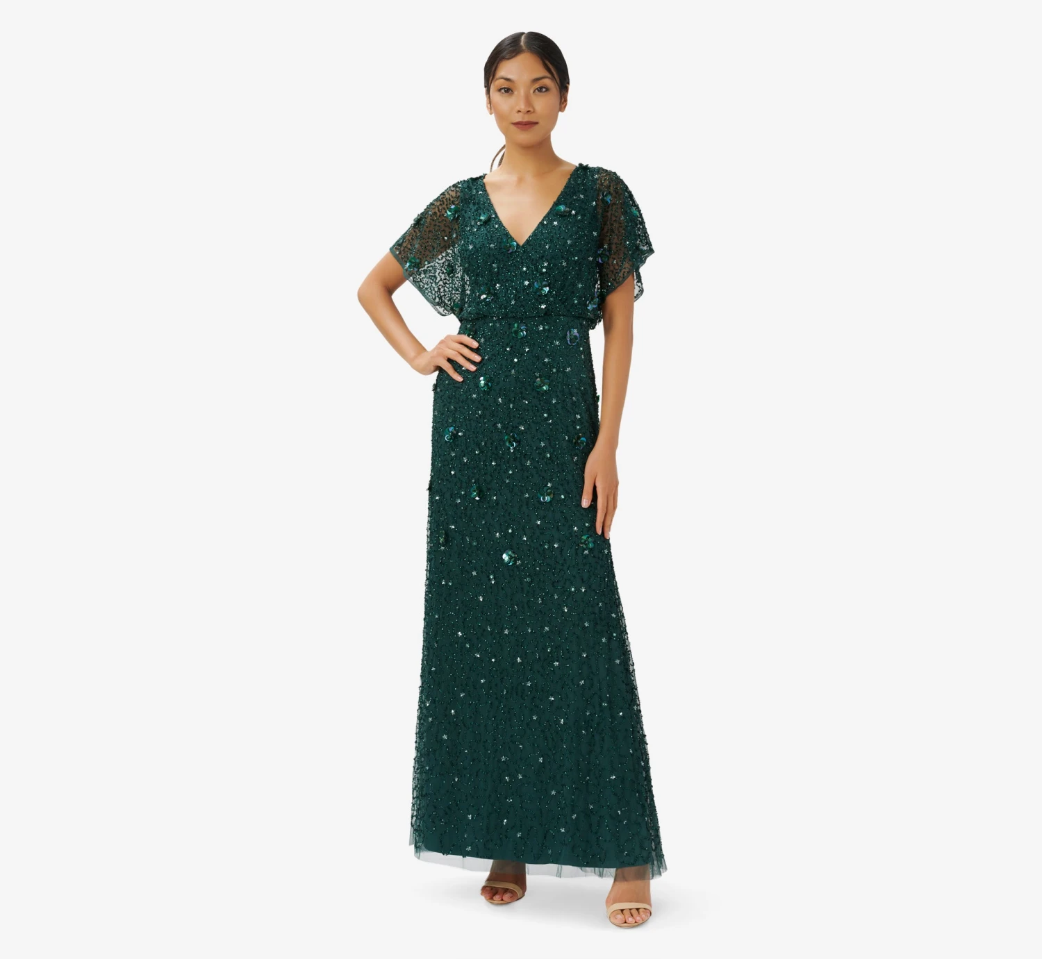 Adrianna Papell Hand-Beaded 3D Floral Blouson Long Gown In Dusty Emerald 1 Adrianna Papell Hand-Beaded 3D Floral Blouson Long Gown In Dusty Emerald