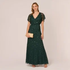 Adrianna Papell Hand-Beaded 3D Floral Blouson Long Gown In Dusty Emerald 12 Adrianna Papell Hand-Beaded 3D Floral Blouson Long Gown In Dusty Emerald -Glam Mirth Sales AP1E209936 AA302 Regular Side