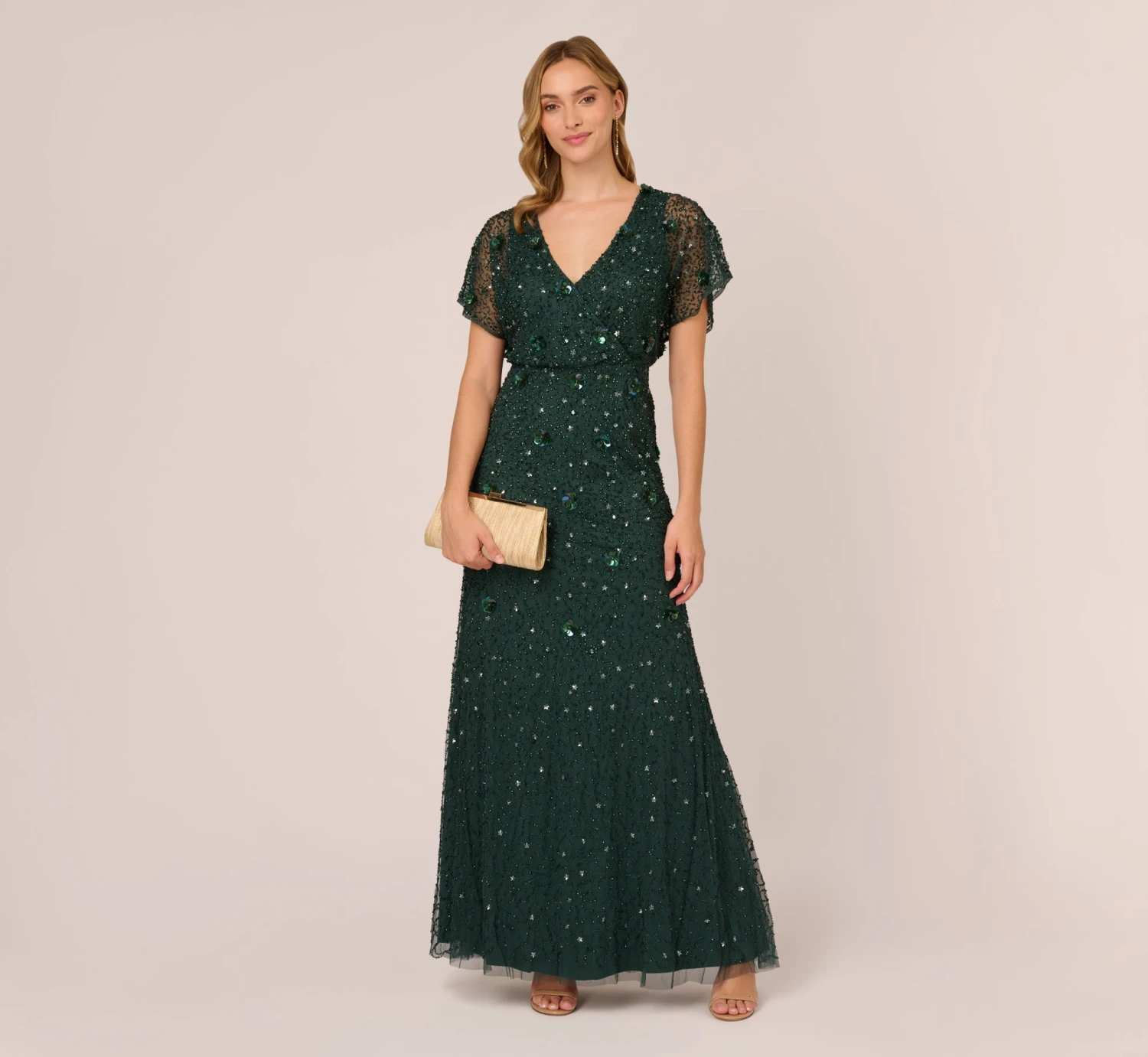 Adrianna Papell Hand-Beaded 3D Floral Blouson Long Gown In Dusty Emerald 6 Adrianna Papell Hand-Beaded 3D Floral Blouson Long Gown In Dusty Emerald - Image 6