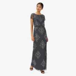 Adrianna Papell Hand-Beaded Long Blouson Gown In Gunmetal -Glam Mirth Sales AP1E209937 AB015 Regular Alternate