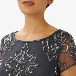 Adrianna Papell Hand-Beaded Long Blouson Gown In Gunmetal -Glam Mirth Sales AP1E209937 AB015 Regular Detail