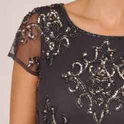 Adrianna Papell Hand-Beaded Long Blouson Gown In Gunmetal -Glam Mirth Sales AP1E209937 AB015 Regular Lifestyle