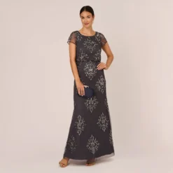 Adrianna Papell Hand-Beaded Long Blouson Gown In Gunmetal -Glam Mirth Sales AP1E209937 AB015 Regular Side