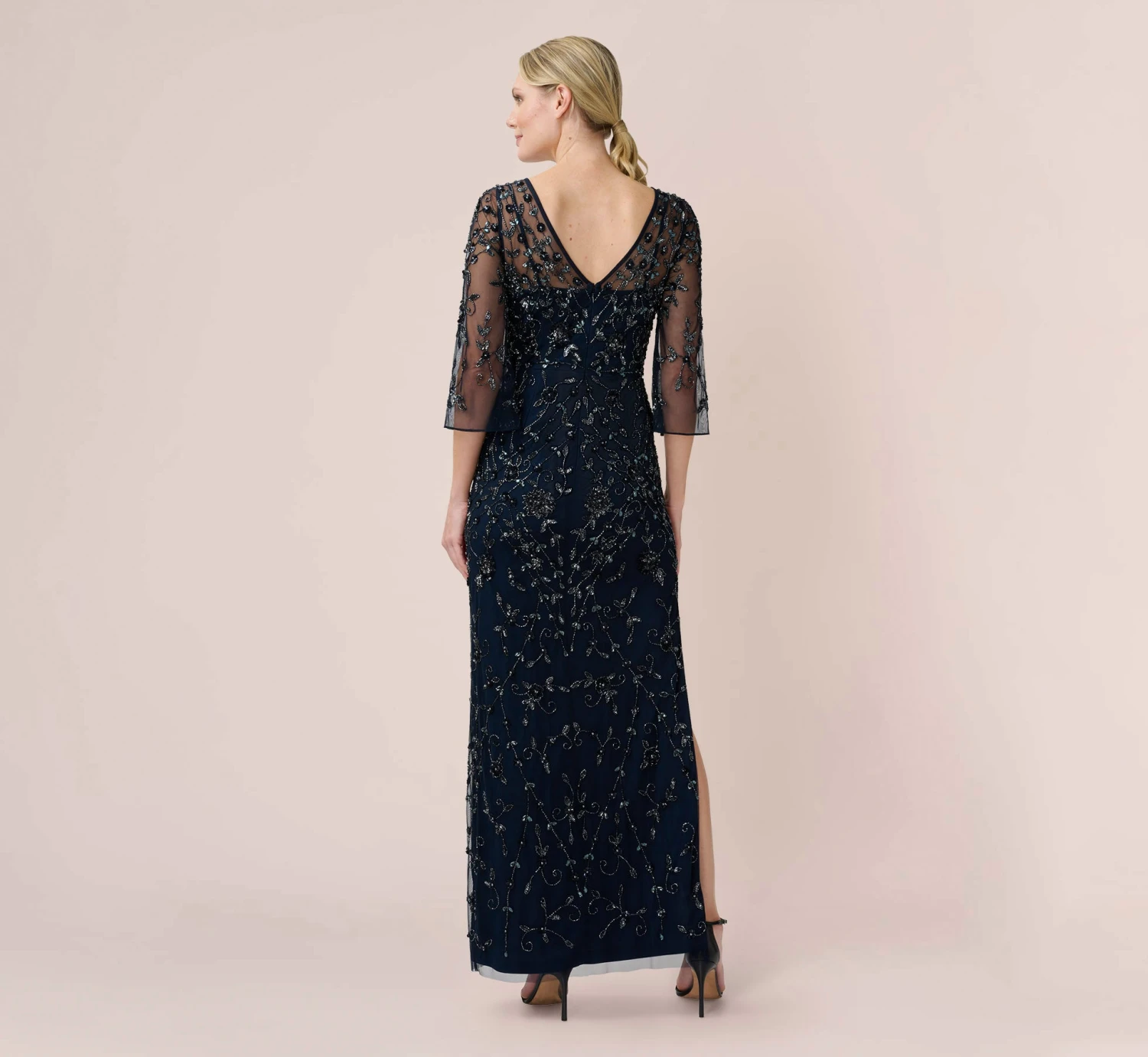Adrianna Papell Hand-Beaded Illusion Long Column Gown In Midnight 2 Adrianna Papell Hand-Beaded Illusion Long Column Gown In Midnight - Image 2