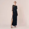Adrianna Papell Hand-Beaded Illusion Long Column Gown In Midnight
