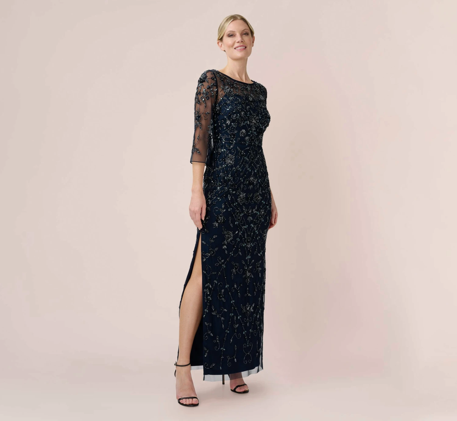 Adrianna Papell Hand-Beaded Illusion Long Column Gown In Midnight 1 Adrianna Papell Hand-Beaded Illusion Long Column Gown In Midnight