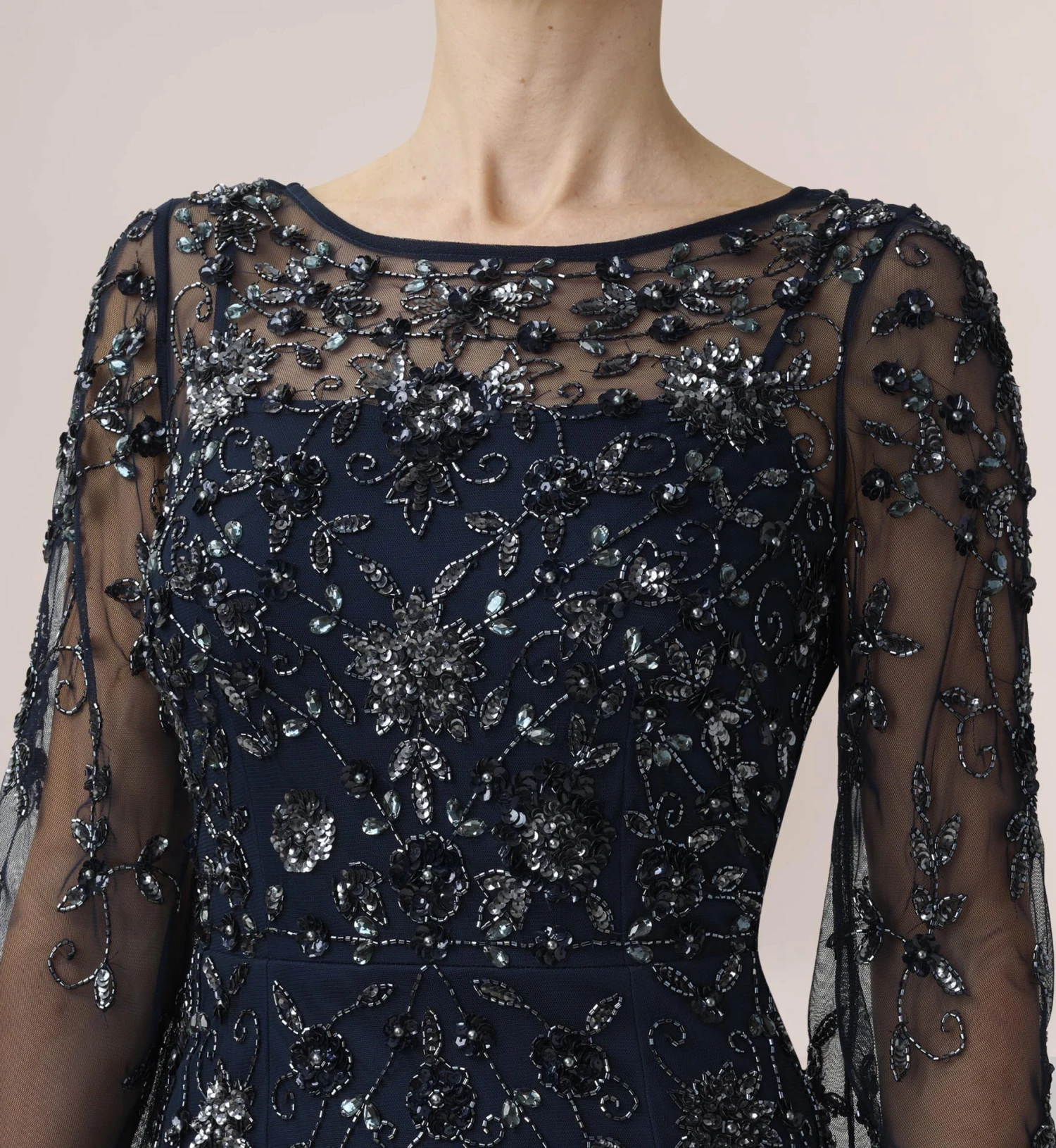 Adrianna Papell Hand-Beaded Illusion Long Column Gown In Midnight 3 Adrianna Papell Hand-Beaded Illusion Long Column Gown In Midnight - Image 3