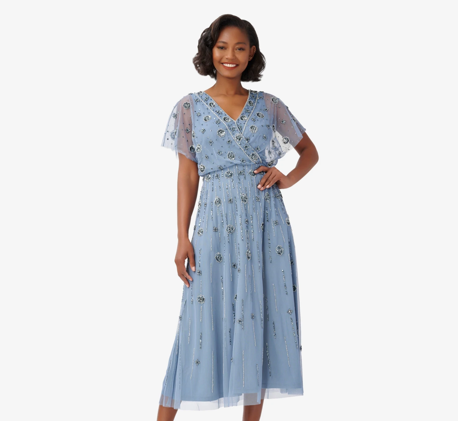 Adrianna Papell Floral Hand-Beaded Ankle-Length Blouson Dress In Vintage Blue 1 Adrianna Papell Floral Hand-Beaded Ankle-Length Blouson Dress In Vintage Blue