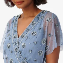 Adrianna Papell Floral Hand-Beaded Ankle-Length Blouson Dress In Vintage Blue 7 Adrianna Papell Floral Hand-Beaded Ankle-Length Blouson Dress In Vintage Blue -Glam Mirth Sales AP1E209963 AC466 Regular Detail