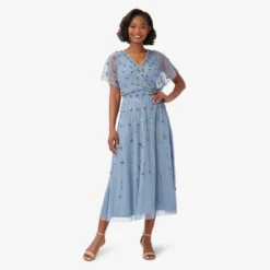 Adrianna Papell Floral Hand-Beaded Ankle-Length Blouson Dress In Vintage Blue 6 Adrianna Papell Floral Hand-Beaded Ankle-Length Blouson Dress In Vintage Blue -Glam Mirth Sales AP1E209963 AC466 Regular Side