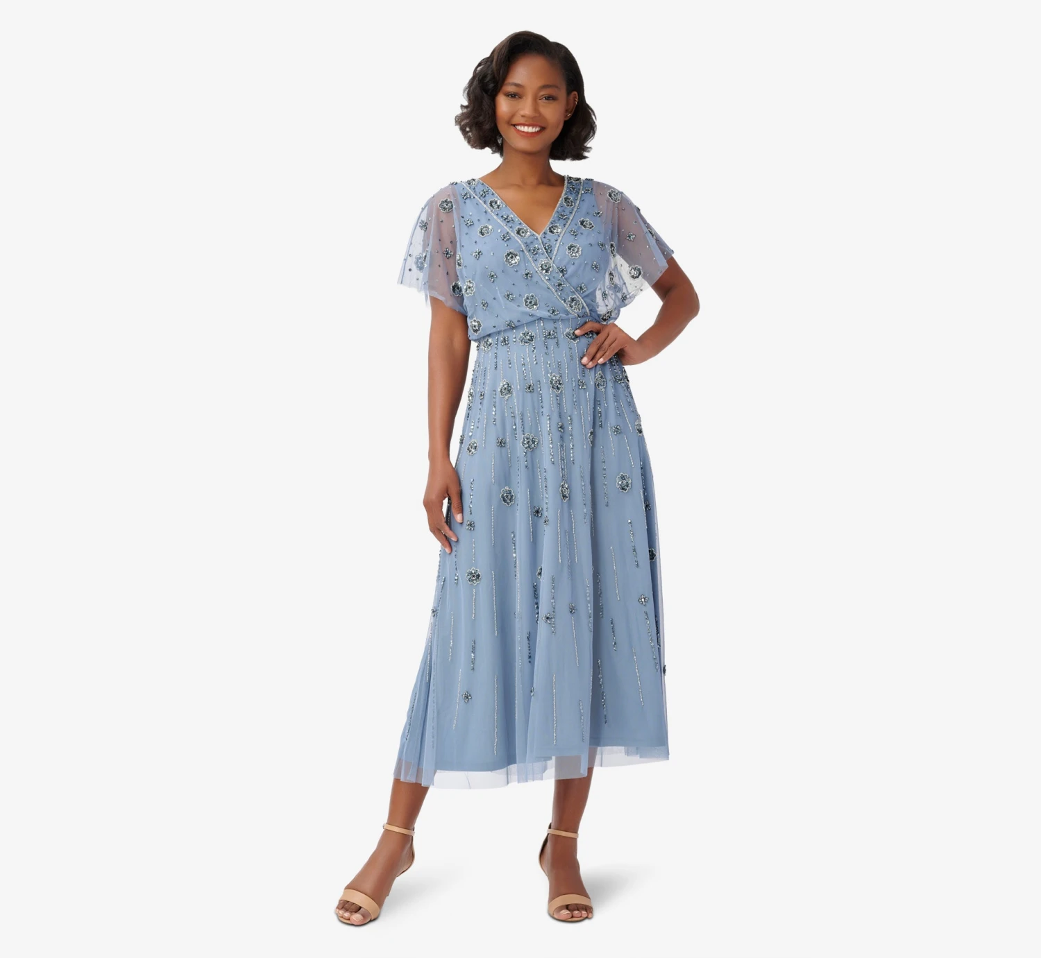 Adrianna Papell Floral Hand-Beaded Ankle-Length Blouson Dress In Vintage Blue 3 Adrianna Papell Floral Hand-Beaded Ankle-Length Blouson Dress In Vintage Blue - Image 3