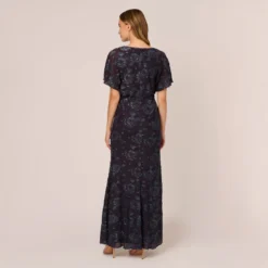 Adrianna Papell Floral Burnout Velvet Long Blouson Gown In Midnight 10 Adrianna Papell Floral Burnout Velvet Long Blouson Gown In Midnight -Glam Mirth Sales AP1E209986 AB411 Regular Back