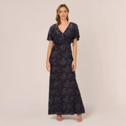 Adrianna Papell Floral Burnout Velvet Long Blouson Gown In Midnight