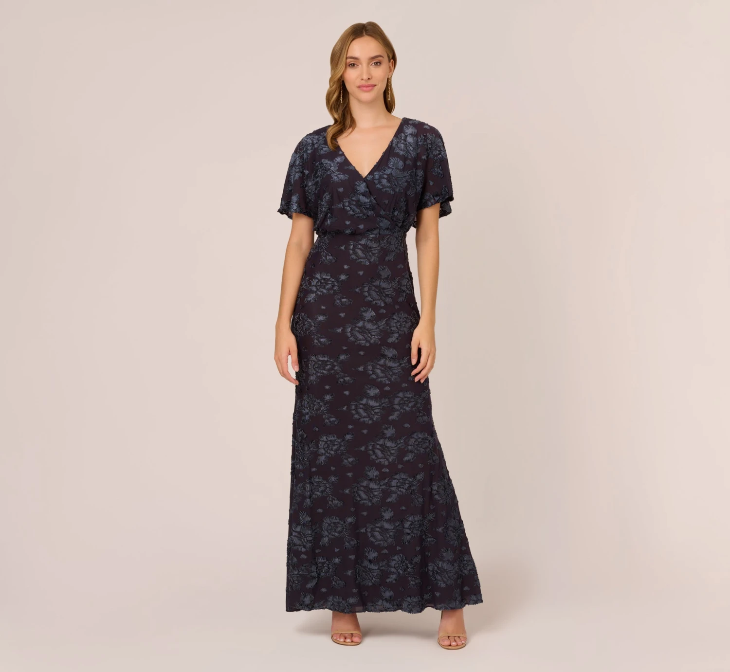 Adrianna Papell Floral Burnout Velvet Long Blouson Gown In Midnight 1 Adrianna Papell Floral Burnout Velvet Long Blouson Gown In Midnight
