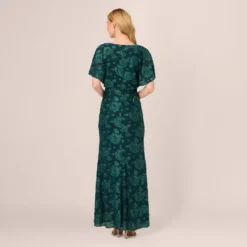 Adrianna Papell Floral Burnout Velvet Long Blouson Gown In Hunter 9 Adrianna Papell Floral Burnout Velvet Long Blouson Gown In Hunter -Glam Mirth Sales AP1E209986 AE303 Regular Back