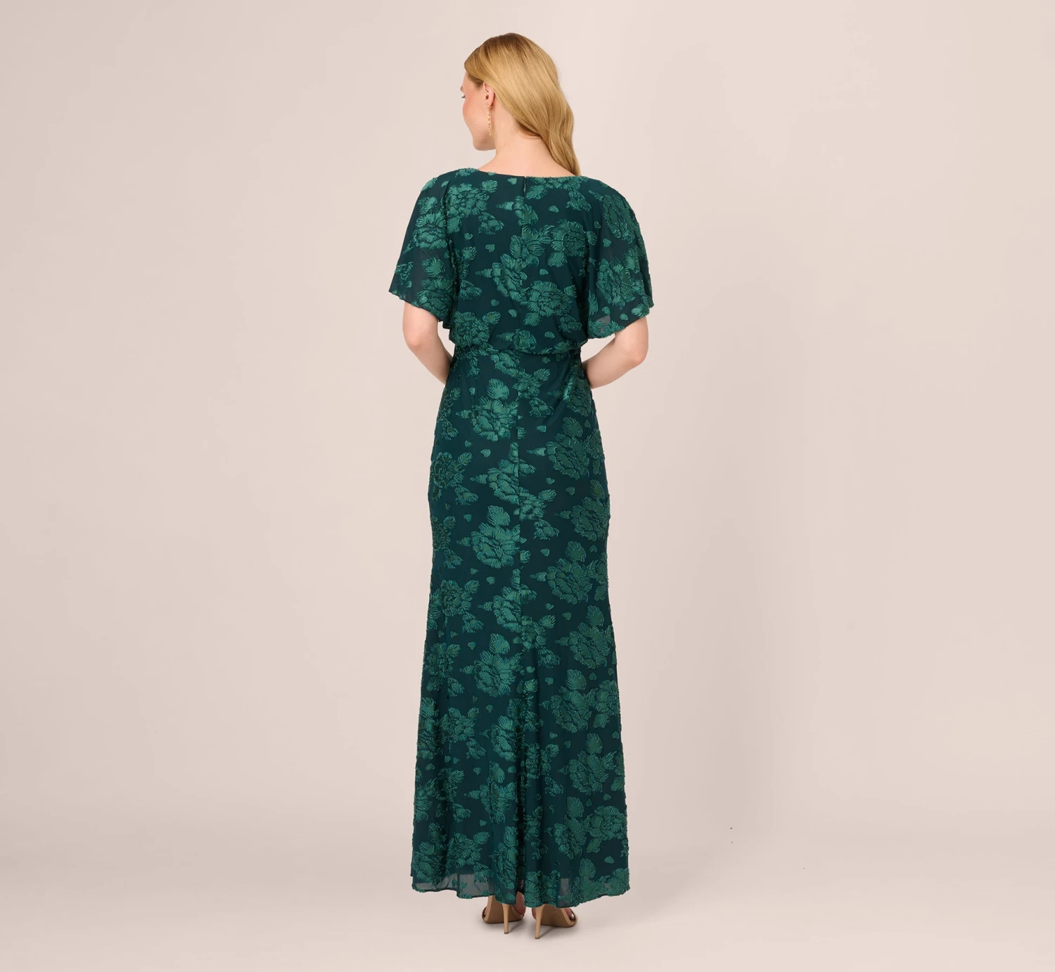 Adrianna Papell Floral Burnout Velvet Long Blouson Gown In Hunter 4 Adrianna Papell Floral Burnout Velvet Long Blouson Gown In Hunter - Image 4