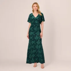 Adrianna Papell Floral Burnout Velvet Long Blouson Gown In Hunter