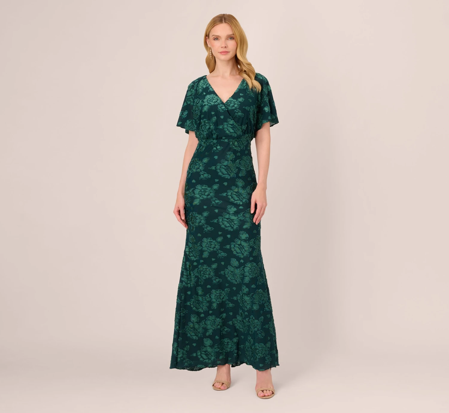 Adrianna Papell Floral Burnout Velvet Long Blouson Gown In Hunter 1 Adrianna Papell Floral Burnout Velvet Long Blouson Gown In Hunter