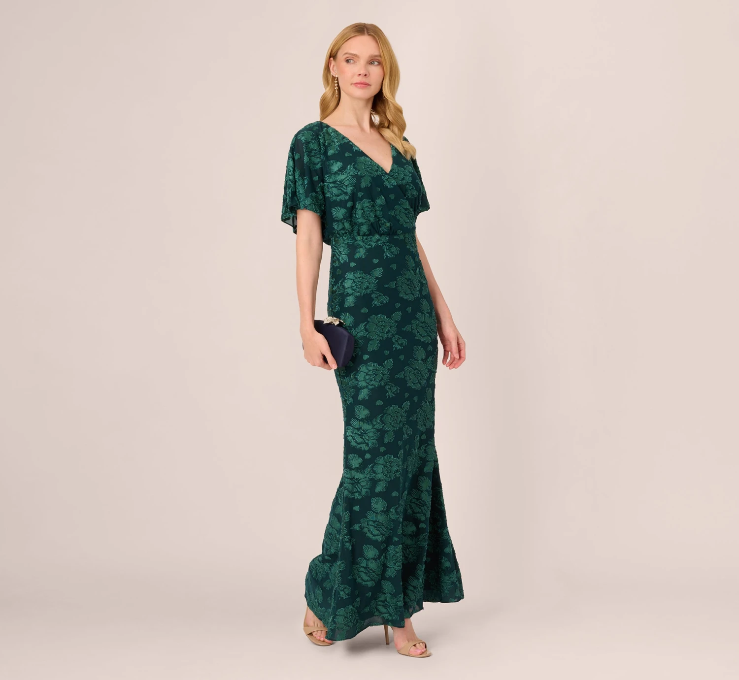 Adrianna Papell Floral Burnout Velvet Long Blouson Gown In Hunter 2 Adrianna Papell Floral Burnout Velvet Long Blouson Gown In Hunter - Image 2