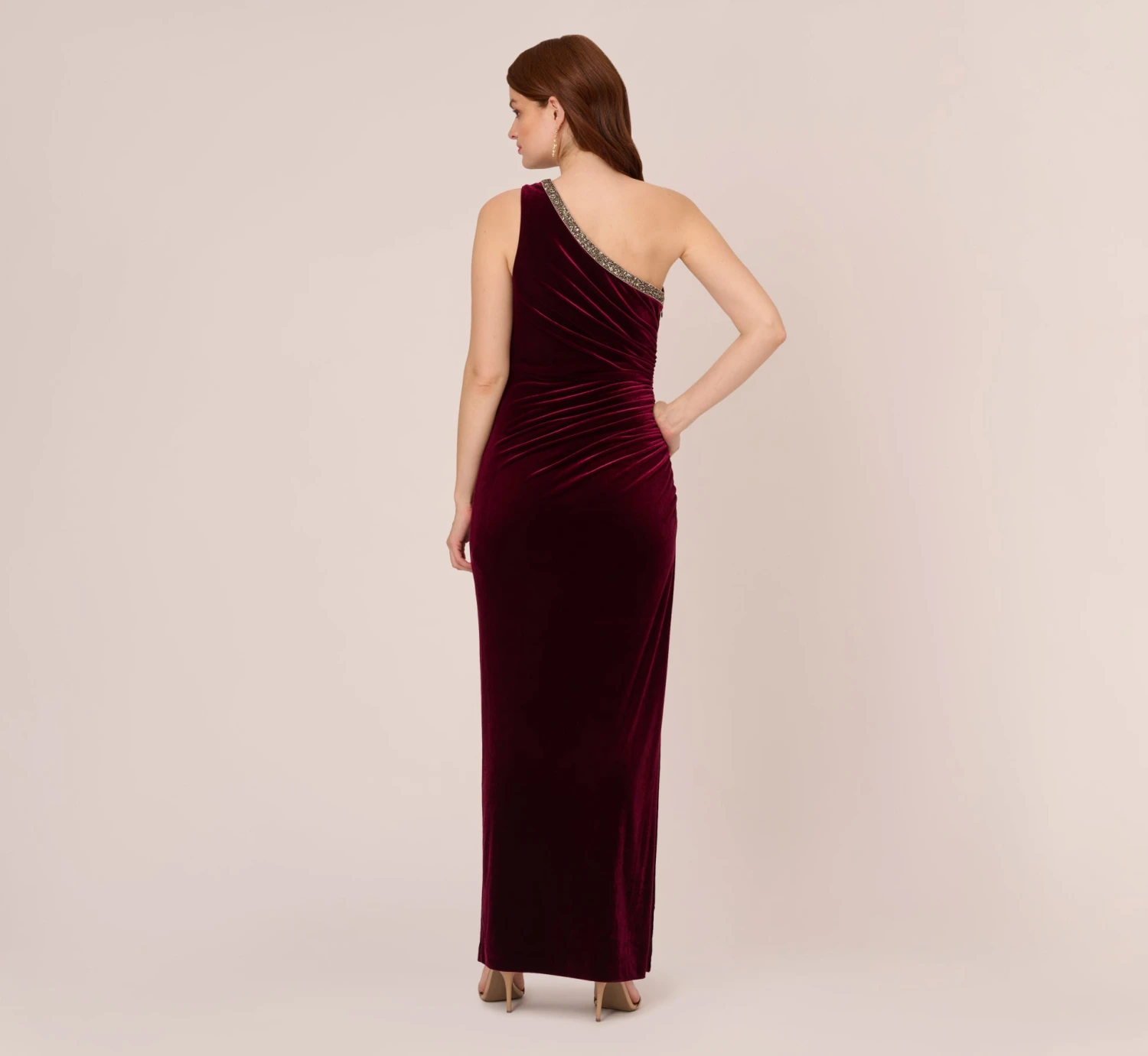 Adrianna Papell Velvet One Shoulder Gown With Beaded Neckline In Burgundy 4 Adrianna Papell Velvet One Shoulder Gown With Beaded Neckline In Burgundy - Image 4