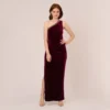 Adrianna Papell Velvet One Shoulder Gown With Beaded Neckline In Burgundy