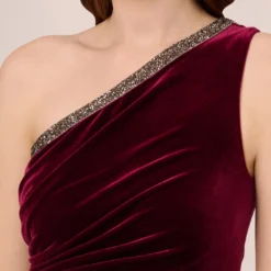 Adrianna Papell Velvet One Shoulder Gown With Beaded Neckline In Burgundy 8 Adrianna Papell Velvet One Shoulder Gown With Beaded Neckline In Burgundy -Glam Mirth Sales AP1E209998 AC506 Regular Detail