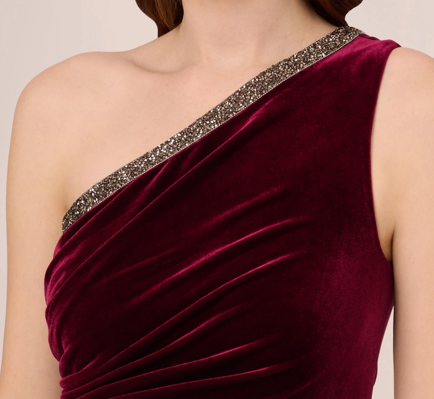 Adrianna Papell Velvet One Shoulder Gown With Beaded Neckline In Burgundy 3 Adrianna Papell Velvet One Shoulder Gown With Beaded Neckline In Burgundy - Image 3