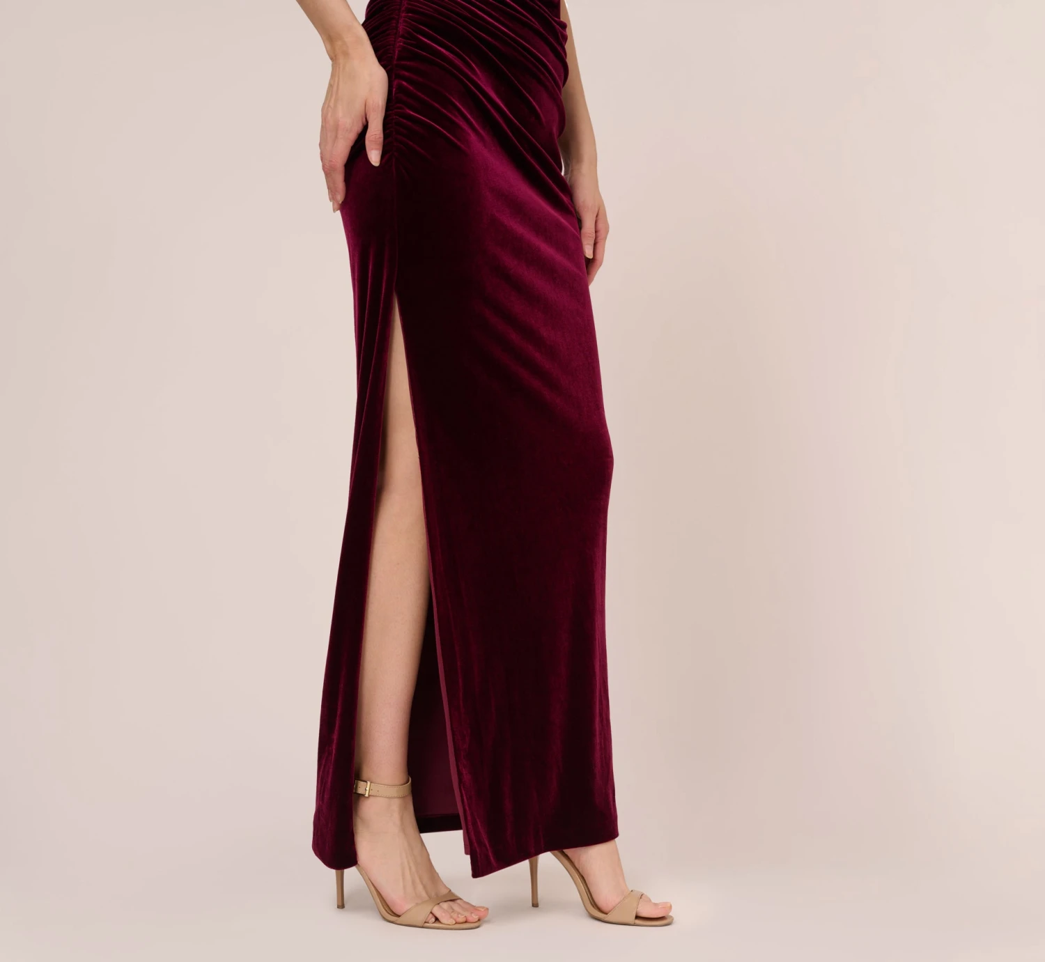 Adrianna Papell Velvet One Shoulder Gown With Beaded Neckline In Burgundy 5 Adrianna Papell Velvet One Shoulder Gown With Beaded Neckline In Burgundy - Image 5