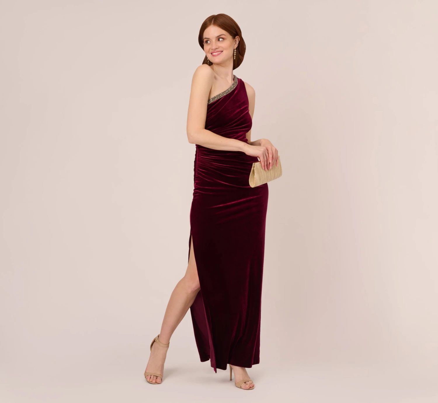 Adrianna Papell Velvet One Shoulder Gown With Beaded Neckline In Burgundy 2 Adrianna Papell Velvet One Shoulder Gown With Beaded Neckline In Burgundy - Image 2