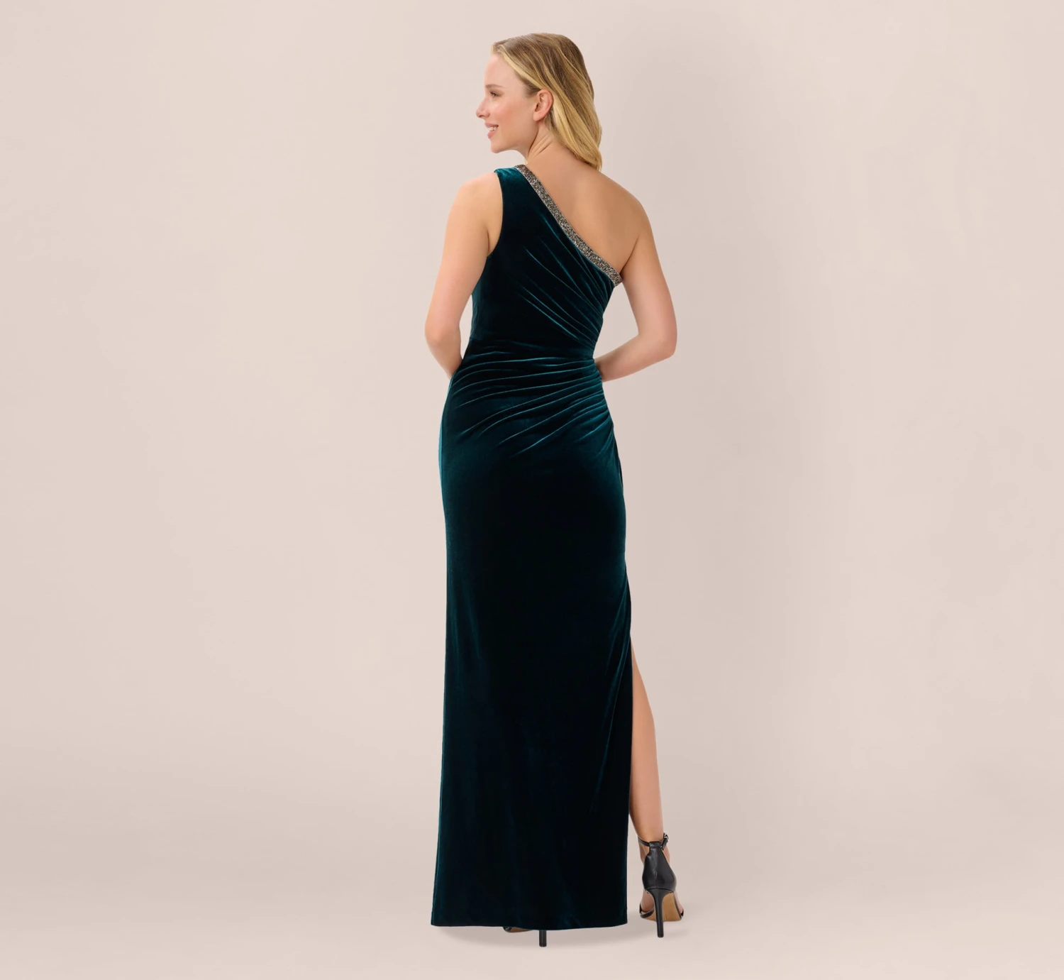 Adrianna Papell Velvet One Shoulder Gown With Beaded Neckline In Hunter 3 Adrianna Papell Velvet One Shoulder Gown With Beaded Neckline In Hunter - Image 3