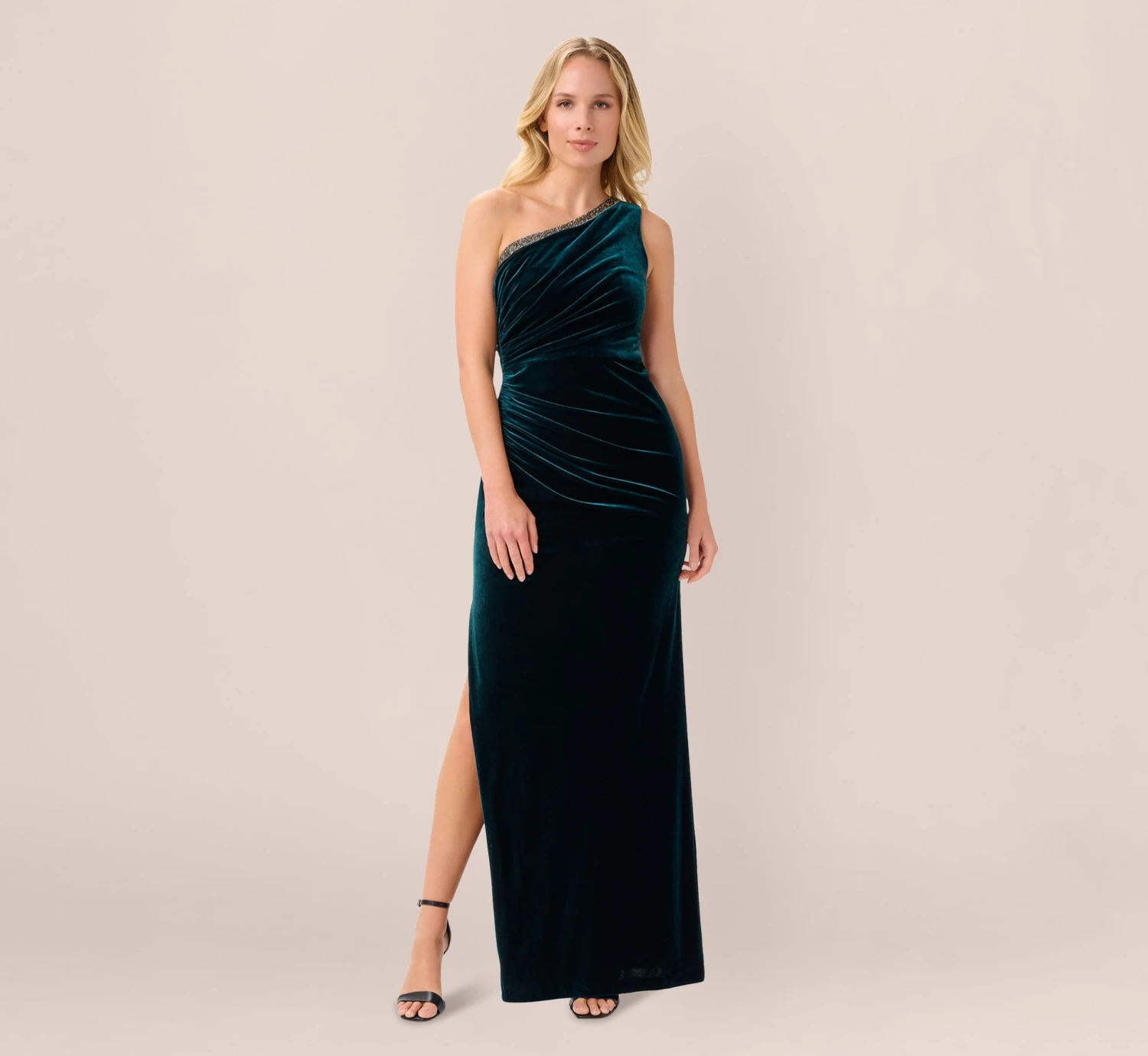 Adrianna Papell Velvet One Shoulder Gown With Beaded Neckline In Hunter 1 Adrianna Papell Velvet One Shoulder Gown With Beaded Neckline In Hunter