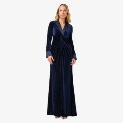 Adrianna Papell Velvet And Charmeuse Twist Front Long Tuxedo Gown In Midnight